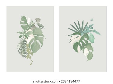 Foliage poster template design, various green leaves on grey