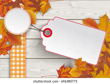 Foliage with price sticker on the wooden background. Eps 10 vector file.