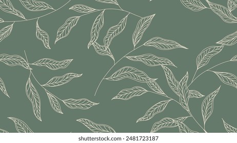 Foliage seamless pattern, abstract leaf line art on red background