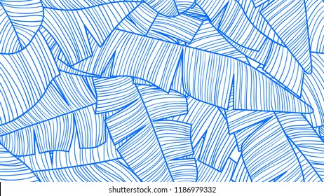 Foliage seamless pattern, banana leaves line art ink drawing in blue and white