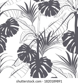 Foliage seamless pattern, banana tree and palm leaves line art ink drawing in grey and white.