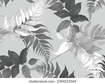 Foliage seamless pattern, black and white fern leaves on grey