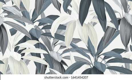 Foliage seamless pattern, blue Cordyline fruticosa Firebrand plant on bright grey