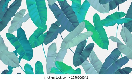 Foliage seamless pattern, blue and green Philodendron burle marx plant on light grey