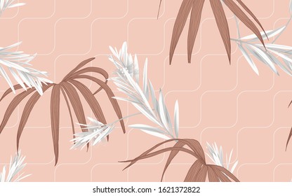 Foliage seamless pattern, bottle brush leaves and Rhapis excelsa leaves in brown tones