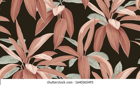 Foliage seamless pattern, brown Cordyline fruticosa Firebrand plant and green leaves on dark grey