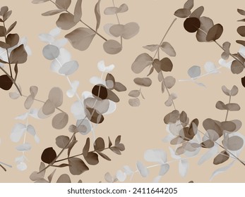 Foliage seamless pattern, brown Eucalyptus cinerea on brown