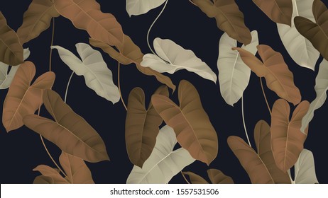 Foliage seamless pattern, brown Philodendron burle marx plant on dark blue