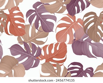 Foliage seamless pattern, colorful Monstera Deliciosa leaves on light grey