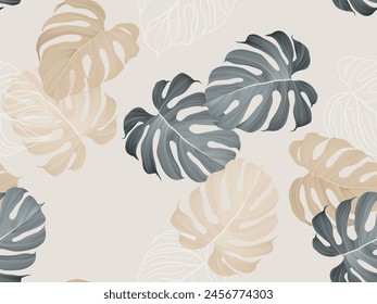 Foliage seamless pattern, colorful Monstera Deliciosa leaves on light grey