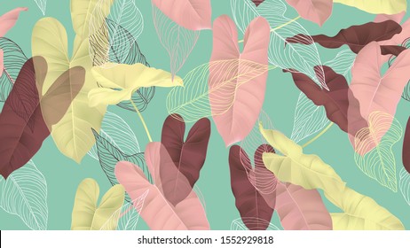 Foliage seamless pattern, colorful Philodendron burle marx plant and leaves line art ink drawing on blue