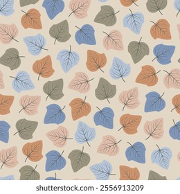 Foliage seamless pattern design featuring multicolor pink and blue leaves. Allover print floral leafy texture on bone color background. 