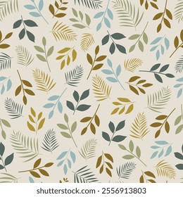 Foliage seamless pattern design featuring multicolor blue and golden leaves. Allover print floral leafy texture on white coffee background. 