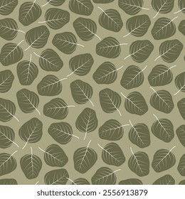 Foliage seamless pattern design featuring monochromatic colored leaves. Allover print floral leafy texture on sage green background. 