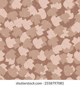 Foliage seamless pattern design featuring monochromatic tulip poplar leaves. Allover print composite overlay floral surface texture on coffee mocha color background. 