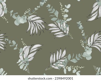 Foliage seamless pattern, Eucalyptus cinerea and palm leaves on green