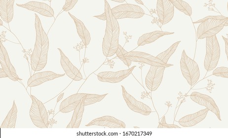Foliage seamless pattern, eucalyptus leaves and flowers line art ink drawing in brown on bright grey