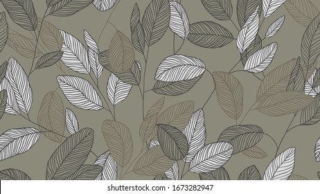 Foliage Seamless Pattern, Eucalyptus Leaves Line Art Ink Drawing In Brown And Grey Tones