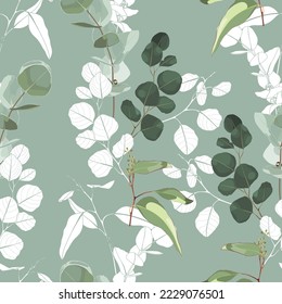 Foliage seamless pattern, eucalyptus leaves and flowers line art ink drawing. Seamless pattern.