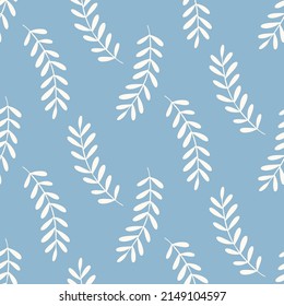 Foliage Seamless Pattern. Ramas de la Vintage floral fondo interminable. Hojas de mediados de siglo Imprimir, azul y blanco