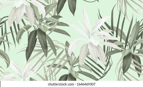 Foliage Seamless Pattern, Green Cordyline Fruticosa Firebrand Plant And Indoor Bamboo Palm On Bright Green