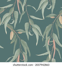 Foliage Seamless Pattern, Green Eucalyptus Leaves On Green