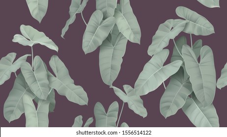 Foliage seamless pattern, green Philodendron burle marx plant on dark purple