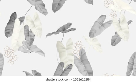 Foliage seamless pattern, grey Philodendron burle marx plant on light grey