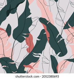 Foliage seamless pattern, hand drawn banana leaves on bright purple