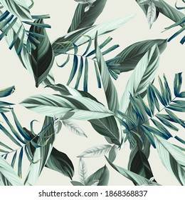 Foliage seamless pattern, heliconia Ctenanthe oppenheimiana plant and palm leaves in green tone on bright green