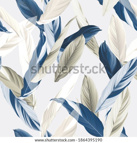 Foliage seamless pattern, heliconia Ctenanthe oppenheimiana plant in blue and brown tones on bright grey Сток-фото © 