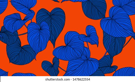 Foliage seamless pattern, leaves line art ink drawing in blue on red