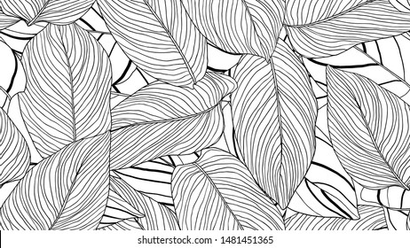 Foliage seamless pattern, leaves line art ink drawing in black and white