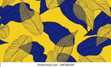 Foliage seamless pattern, leaves line art ink drawing in blue and yellow on yellow