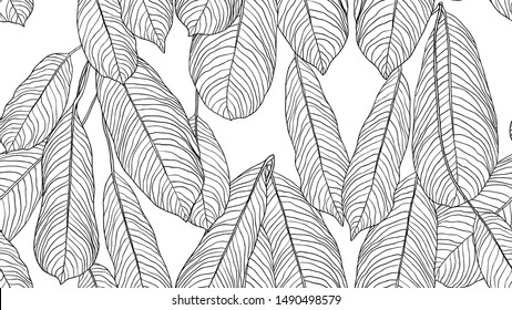 Foliage seamless pattern, leaves line art ink drawing in black and white