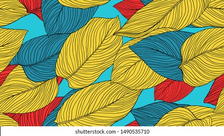 Foliage seamless pattern, leaves line art ink drawing in yellow, blue and red on blue