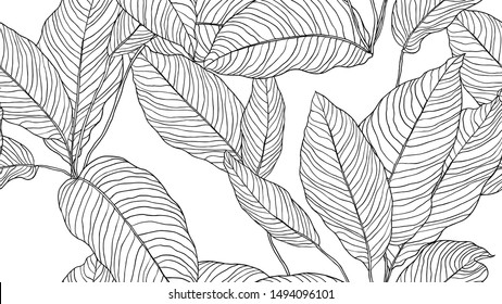 Foliage seamless pattern, leaves line art ink drawing in black and white