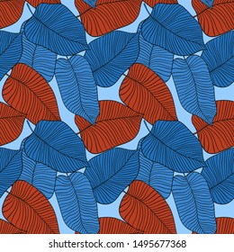 Foliage seamless pattern, leaves line art ink drawing 