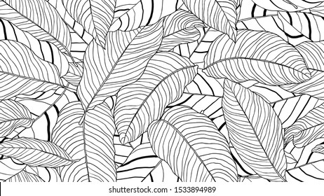 Foliage seamless pattern, leaves line art ink drawing in black and white