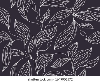 Foliage seamless pattern, leaves line drawing in black and white