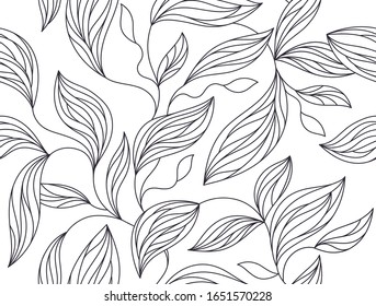 Foliage seamless pattern, leaves line drawing in black and white
