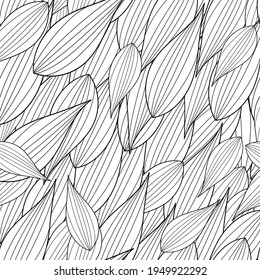 Foliage seamless pattern, leaves line art ink drawing in black and white. Vector design.