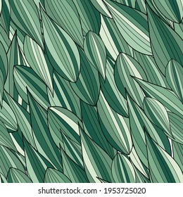 Foliage seamless pattern, leaves line art in green. Vector design.