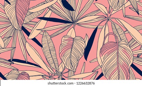 Foliage seamless pattern, light orange leaves on pink background, line art ink drawing vintage style