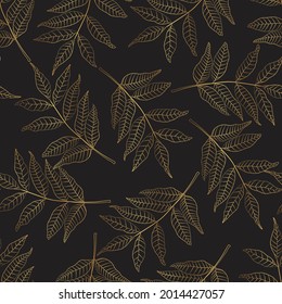 Foliage seamless pattern, line leaves, golden line art ink drawing on black background.
