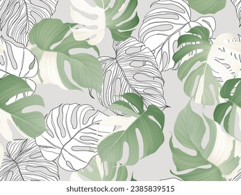 Foliage seamless pattern, Monstera Albo leaves on light grey