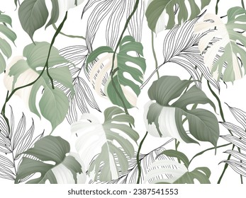 Foliage seamless pattern, Monstera Albo leaves and palm leaves on white