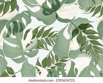 Foliage seamless pattern, Monstera Albo leaves and fern on light grey