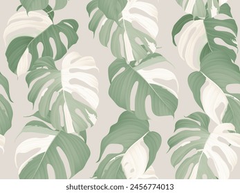 Foliage seamless pattern, Monstera Albo leaves on light brown