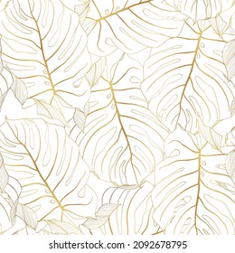 Foliage seamless pattern, monstera palm leaves, golden line art ink drawing on white background.